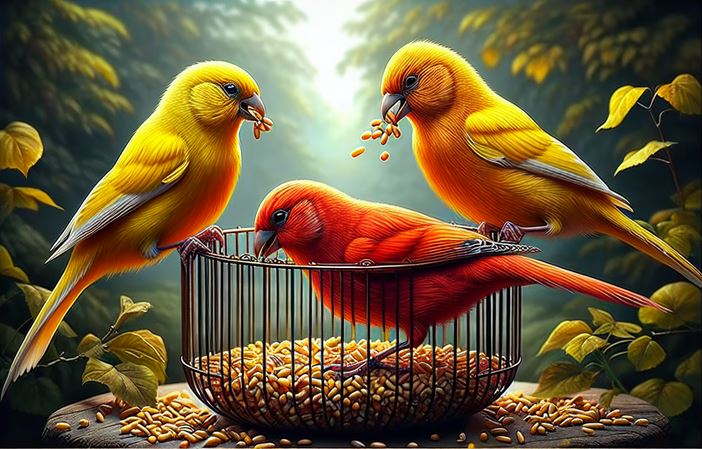 three-canaries-eating-seed-art.JPG